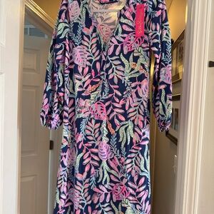 Lilly Pulitzer Navy and Pink Leaf Print Long Sleeve Dress